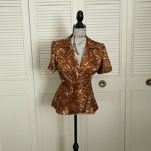 Cheetah leopard animal print short sleeve collared button up top blouse